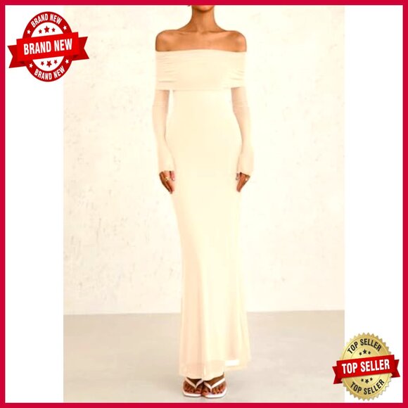 Elegant Off Shoulder Long Sleeve Formal Bodycon Maxi Dress Wedding Guest - Picture 3 of 7
